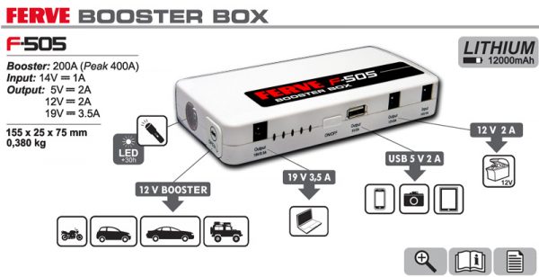 Cargador/arrancador Ferve F-505 BOOSTER BOX caracteristicas