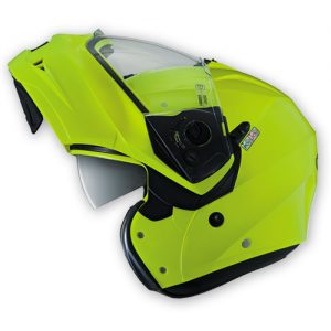 Casco moto abatible Caberg Duke Hi-Vizion Amarillo Fluor abierto lateral
